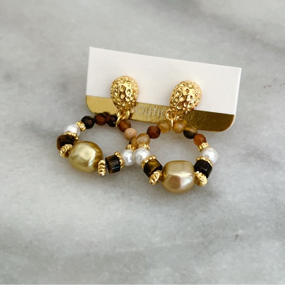 18k yellow gold plated Agate tiger eye Pearl 1” dangle earrings gemstone - Picture 3 of 3